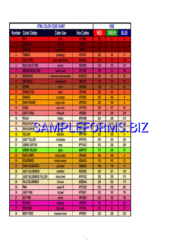 HTML Color Code Chart pdf free