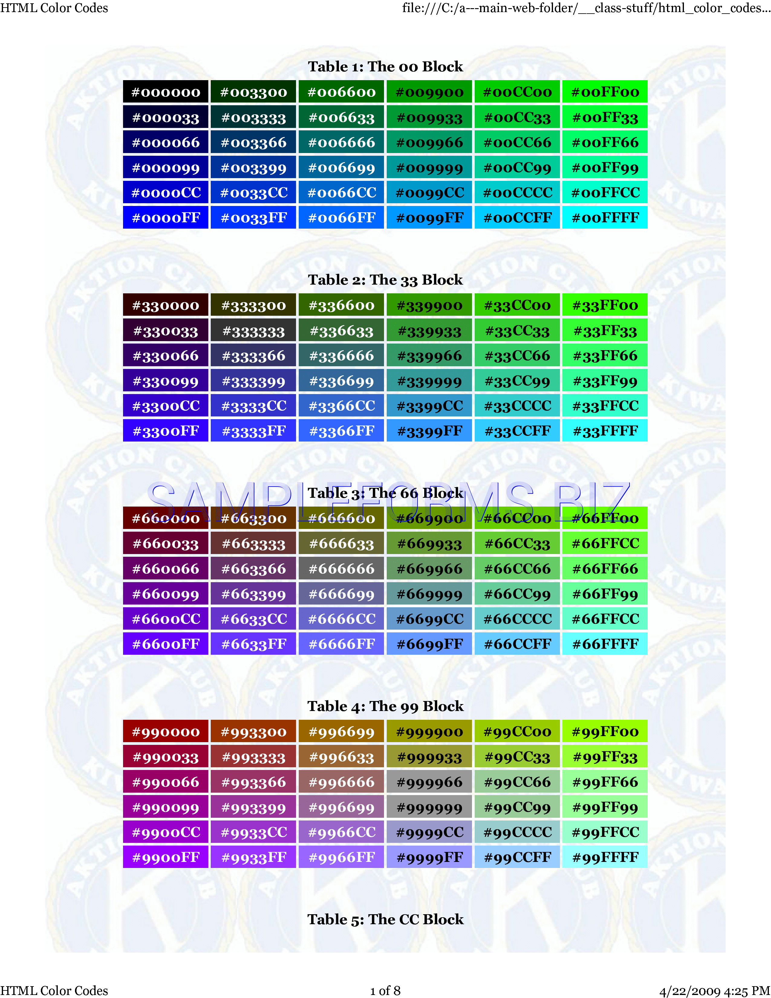Preview free downloadable HTML Color Codes in PDF (page 1)
