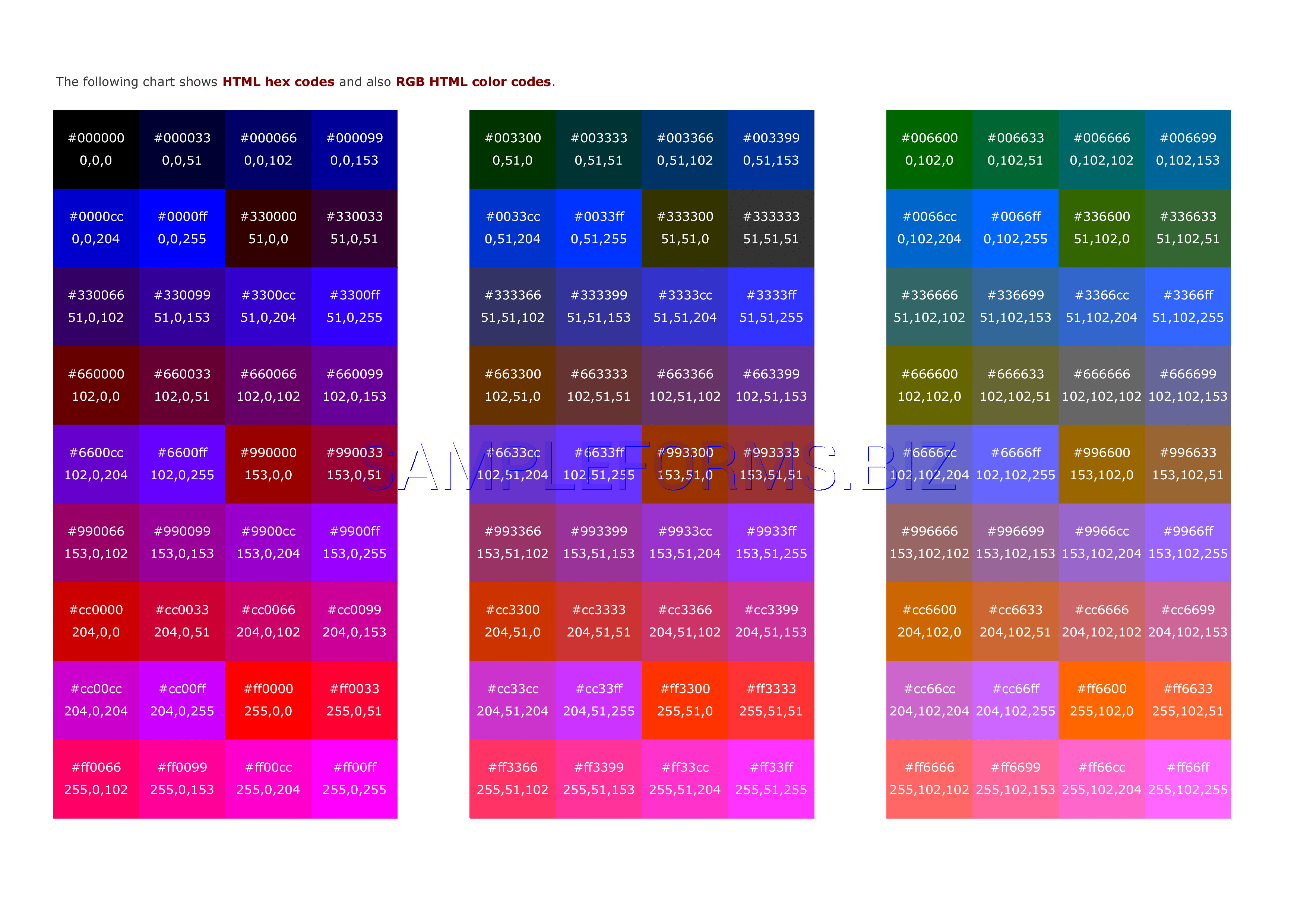 Preview free downloadable RGB HTML Color Codes in PDF (page 1)